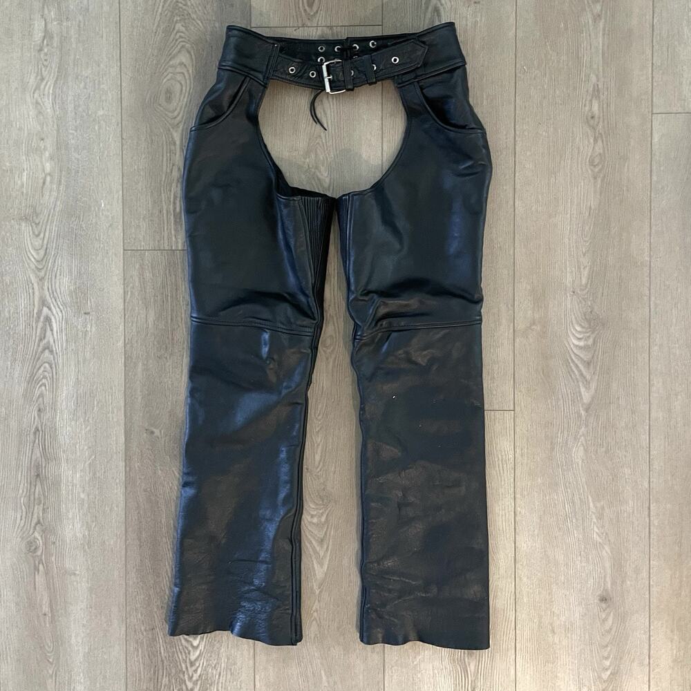 Xelement advanced motorcycle gear leather chaps mens 34 small black zip snap